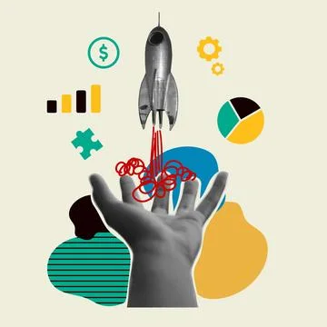 Startup launch concept collage with rocket launching from hand. Retro halft.. 스톡 일러스트