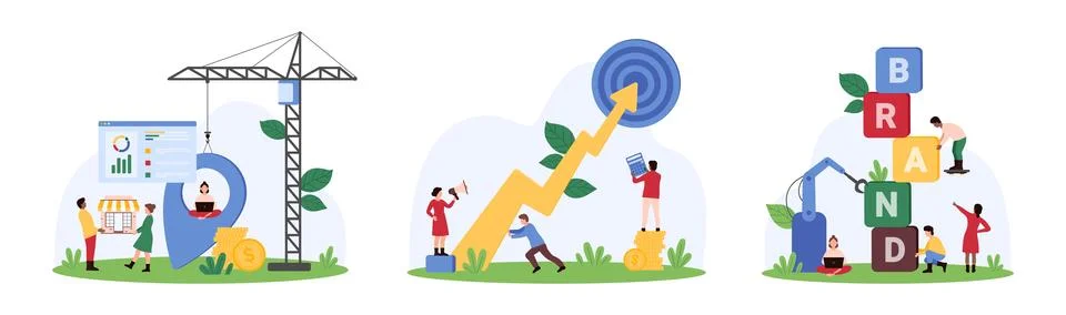Startup launch, development set, tiny people building text Brand, carry pin Ilustración de archivo