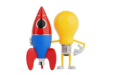 Startup Launch Idea Concept. Light Bulb Mascot Holding Rocket. 3d Rendering Stock Illustration