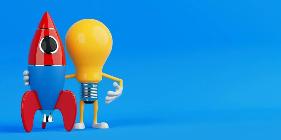 Startup Launch Idea Concept. Light Bulb Mascot Holding Rocket. 3d Rendering Stock Illustration