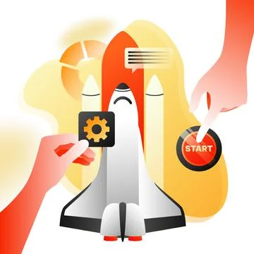 Startup Launch Illustration. Hand pressing Start Button, Rocket and Settings Stock Illustration