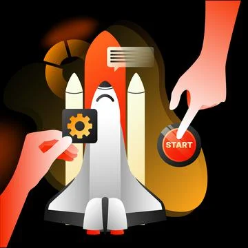 Startup Launch Illustration. Hand pressing Start Button, Rocket and Settings Stock Illustration