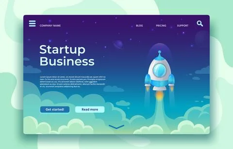 Startup launch landing page. Rocket launch, easy business start and futuris.. Stock Illustration