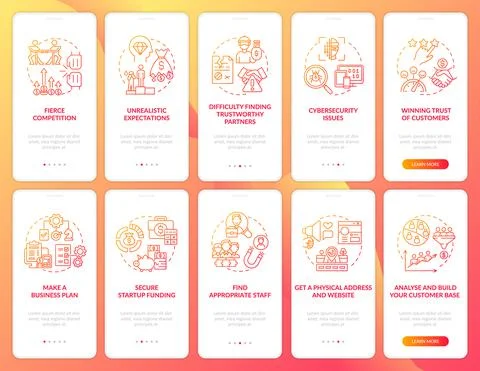 Startup launch red onboarding mobile app page screen set Stock Illustration