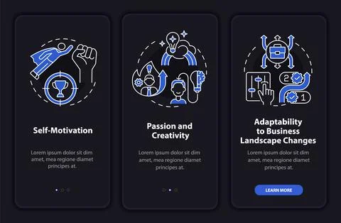 Startup launch requirements dark onboarding mobile app page screen Stock Illustration