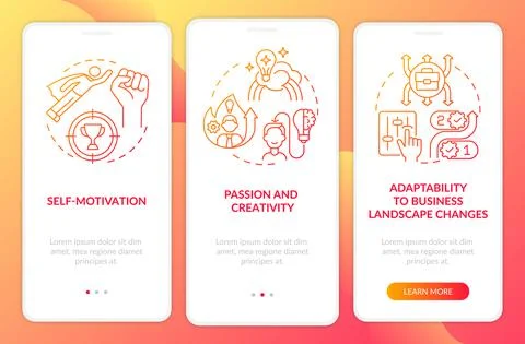 Startup launch requirements red onboarding mobile app page screen Stock Illustration