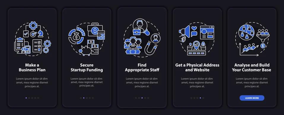 Startup launch steps dark onboarding mobile app page screen Stock Illustration