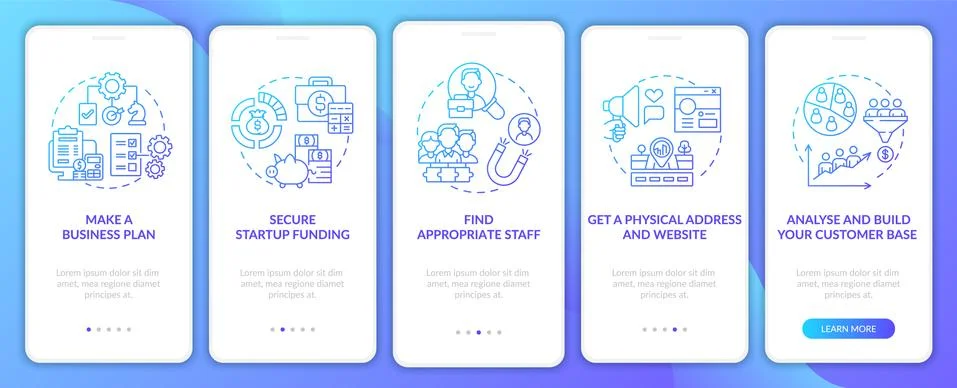 Startup launch steps gradient onboarding mobile app page screen Stock Illustration