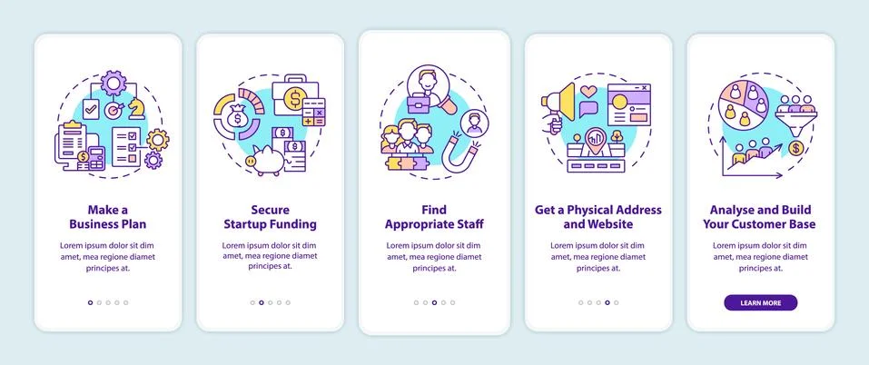Startup launch steps onboarding mobile app page screen Stock Illustration