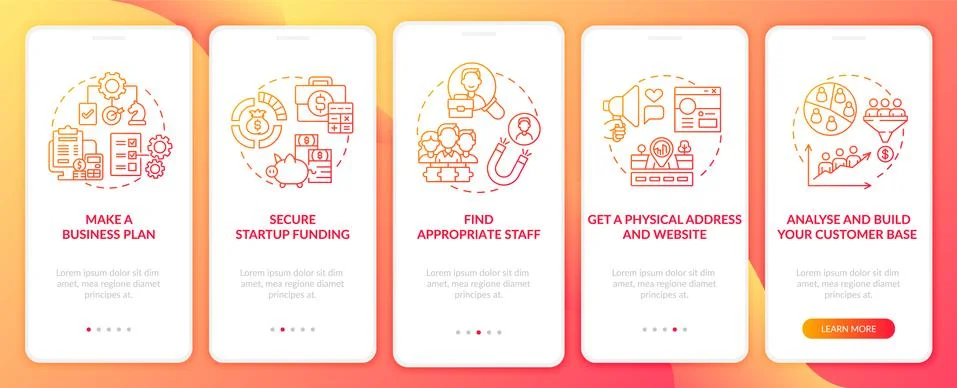 Startup launch steps red onboarding mobile app page screen Stock Illustration
