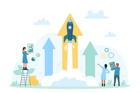 Startup launch technology, rocket flying up inside arrow, tiny people start new Stock Illustration