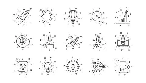Startup line icons. Launch Project, Business report and Target. Linear icon set Illustrazione stock