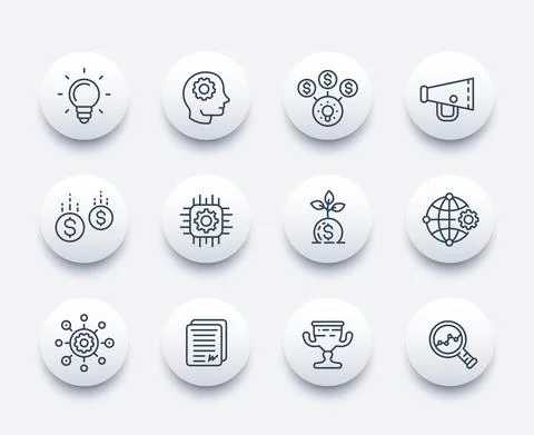 Startup line icons set, creative process, idea, initial capital, funding, inn Stock Illustration