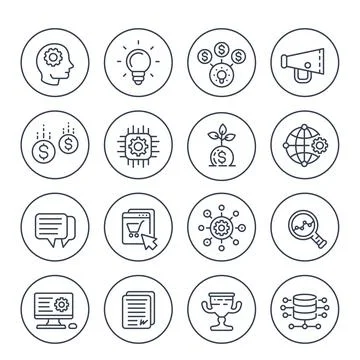Startup line icons set, creative process, idea, initial capital, e-commerce,  Stock Illustration