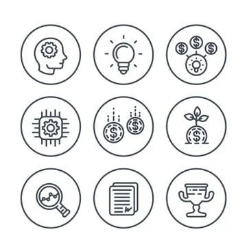 Startup line icons on white, creative process, idea, initial capital, funding Stock Illustration