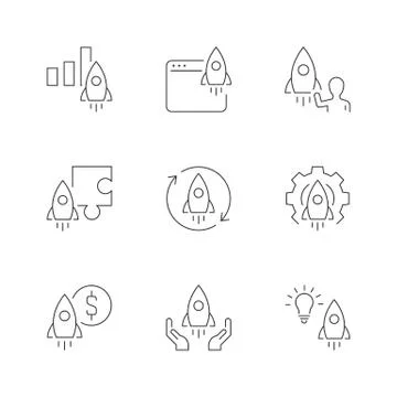 Startup linear icons on white background. Project launch concept Stock Illustration