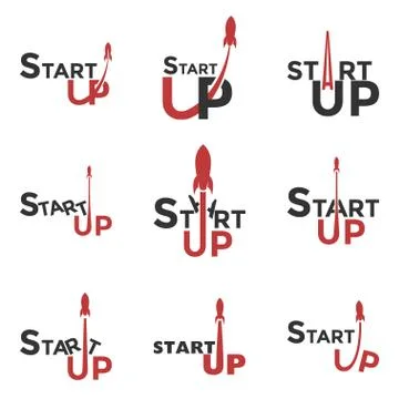 Startup logo. Logo set for commencement of business. The red rocket takes off Stock Illustration