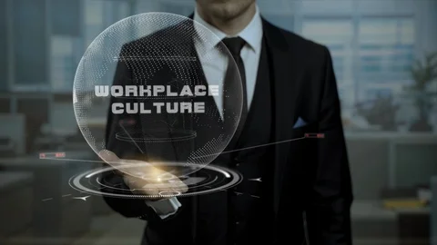 Startup management tutor presents concept Workplace Culture using hologram. Stock Footage 94720540