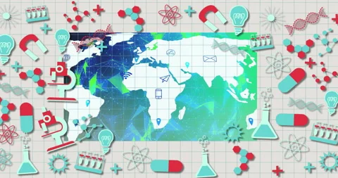 On startup map sliding science icons warping into rotating 3D globe showing Stock Footage 315535439