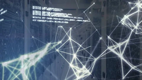 On startup materializing network overlay over server racks, code blocks shifting Stock Footage 310643914