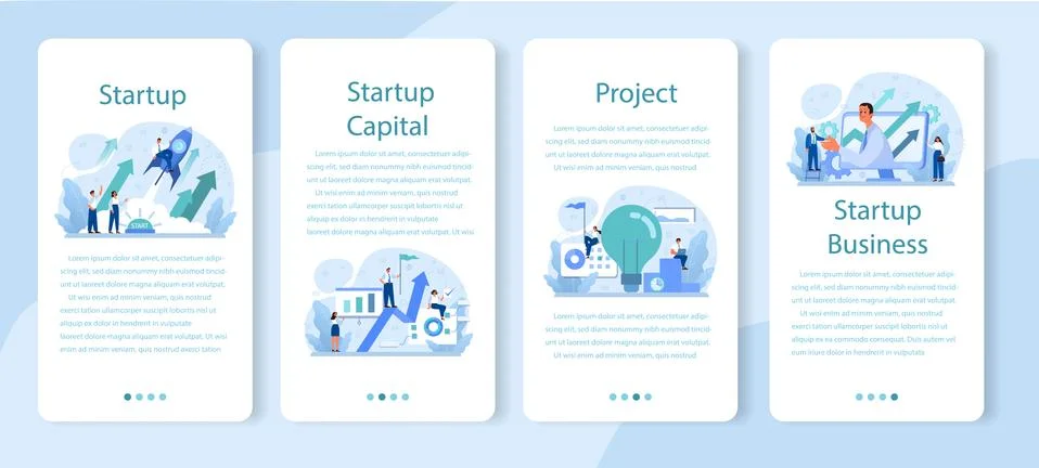 Startup mobile application banner set. New business launching. Illustrazione stock
