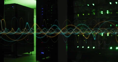 On startup multicolored waveform overlay appearing across server rack corridor 스톡 동영상 313771687