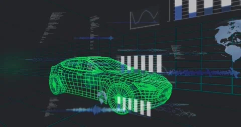 On startup neon-green wireframe car sitting while HUD bars, waves and code Stock Footage 330603046