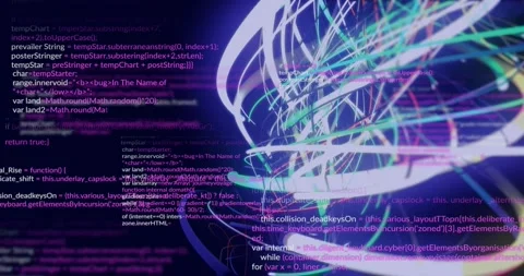 On startup neon ribbons appearing, intertwining as code lines scrolling behind, 库存影片 320089349