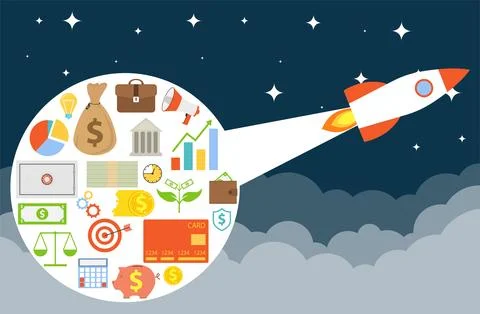 Startup. New business. Rocket pulls investment in the sky. Vector Stock Illustration