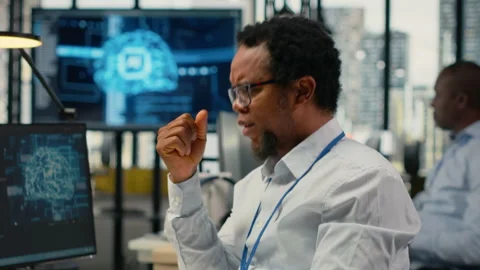 Startup office coworkers having fun chat, using artificial intelligence Stock Footage 323331780