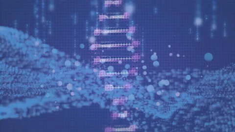 On startup pixelated helix rotating and tilting while visualizing data flow with Stock Footage 310459568