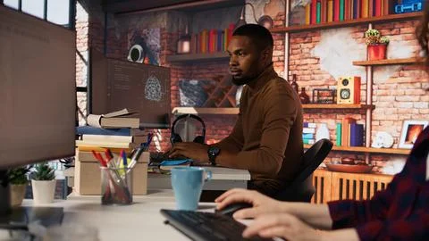 Startup programmer testing and debugging company AI software 스톡 사진