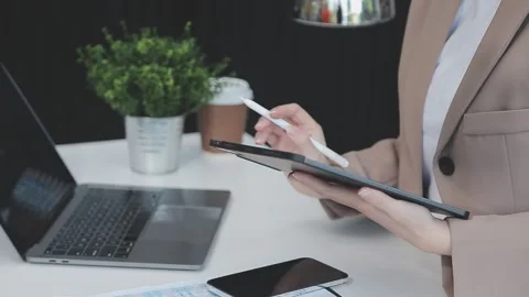 StartUp Programming Team. Website designer working digital tablet dock keyb.. Stock Footage 273381942