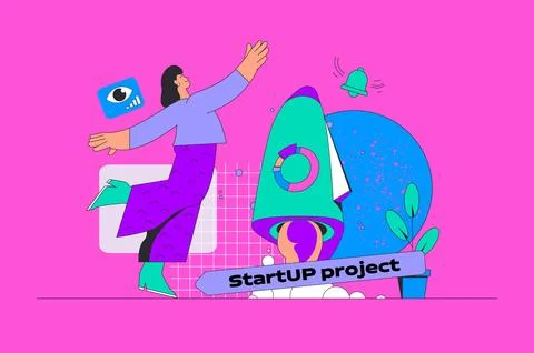 Startup project concept in modern flat design for web. Woman entrepreneur cre Stock Illustration