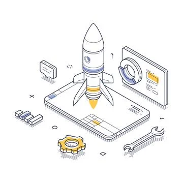 Startup project development workflow process concept isometric line vector il Stock Illustration