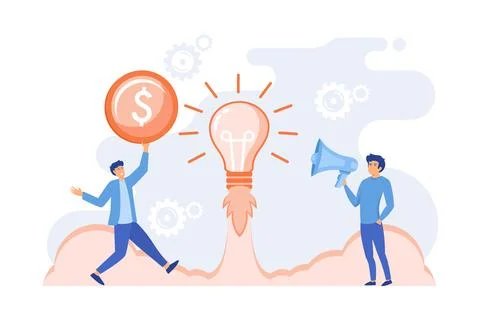 Startup, project launch. Team brainstorming, searching solution. Business i.. Stock Illustration