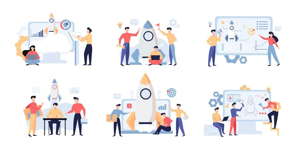 Startup project, rocket science flat vector illustrations set Stock Illustration