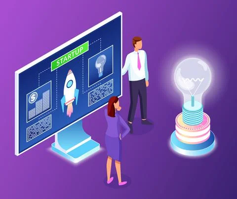 Startup project at screen of computer, new idea, thoughtful worker, money for Stock Illustration