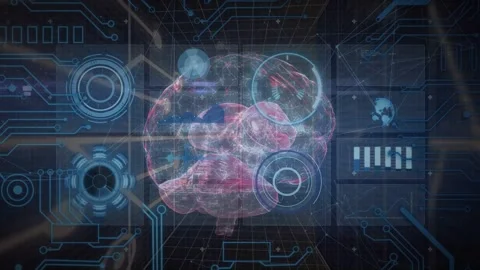 Startup projecting hologram 3D brain rotating while HUD rings scanning, Stock Footage 335739850