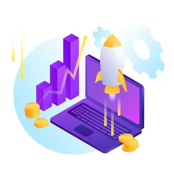 Startup projects Illustration. Computer, Graph, Rocket and Coins Illustrazione stock