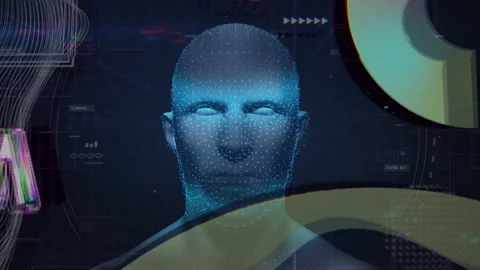Startup pulse activating point-cloud head, forming facial markers and scanning Stock Footage 334337881