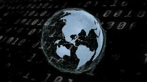 Startup pulse initiating stylized 3D globe rotating east, pulsing nodes, tracing Stock Footage 334729097
