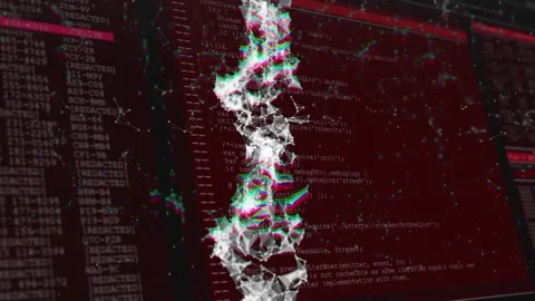 On startup pulsing lattice while flanking panels scrolling code and redacted Stock Footage 317155025