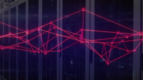 On startup red wireframe network graph over server racks shifting waveform Video stock 310643897