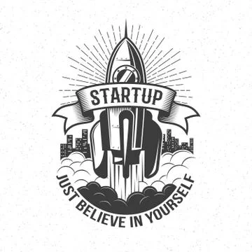 Startup retro logo - rocket launch in the sky Stock Illustration