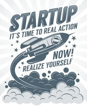 Startup retro poster with a rising rocket Stock Illustration
