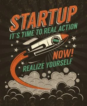 Startup retro poster with a rising rocket 스톡 일러스트