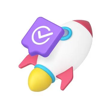 Startup rocket with check mark bubble for success, progress, approval, launch Stock Illustration