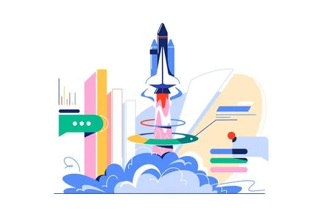 Startup rocket on infographics background Stock Illustration