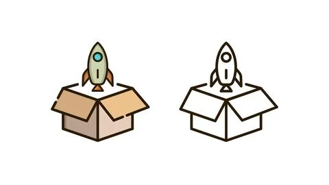 Startup Rocket Launch from Box Icon in Outline and Color Styles Stock Illustration